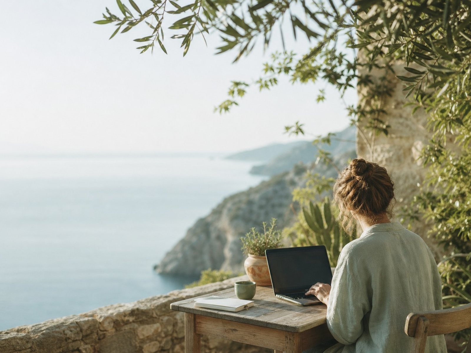 Terraza mediterránea con una laptop sobre la mesa, plantas alrededor y el mar al fondo bajo luz cálida
